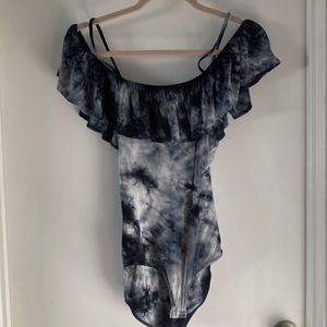 Black tie dye bodysuit. Off the shoulder